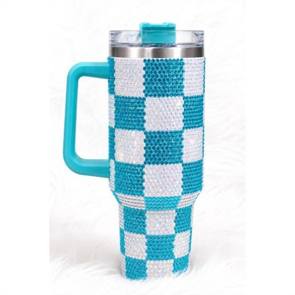 NEW SOPHIA COLLECTION 40 oz checkered rhinestone tumbler in turquoise